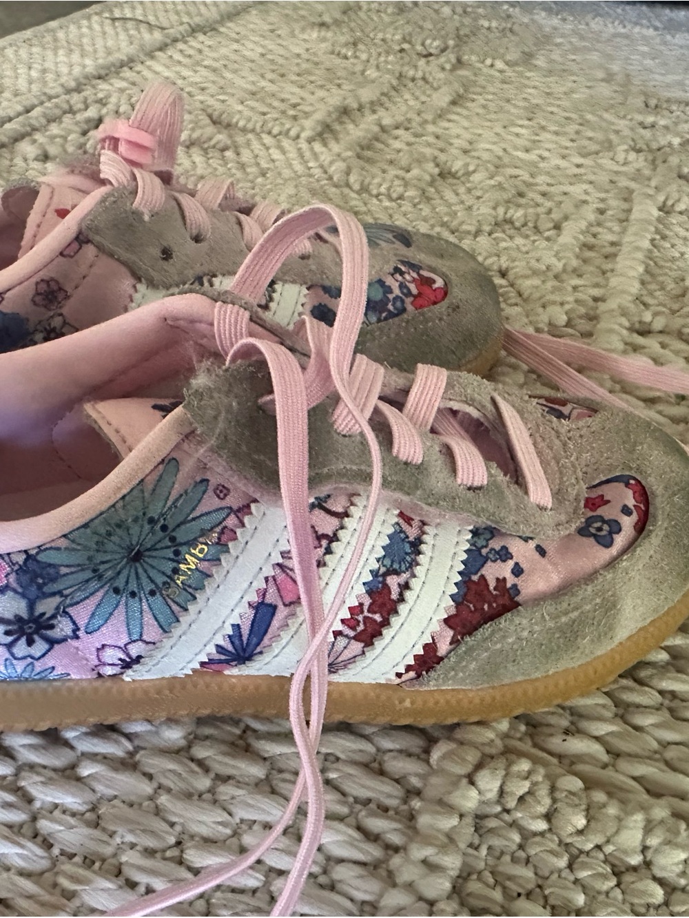 adidas Kids Pink Floral Sneakers with White Stripes